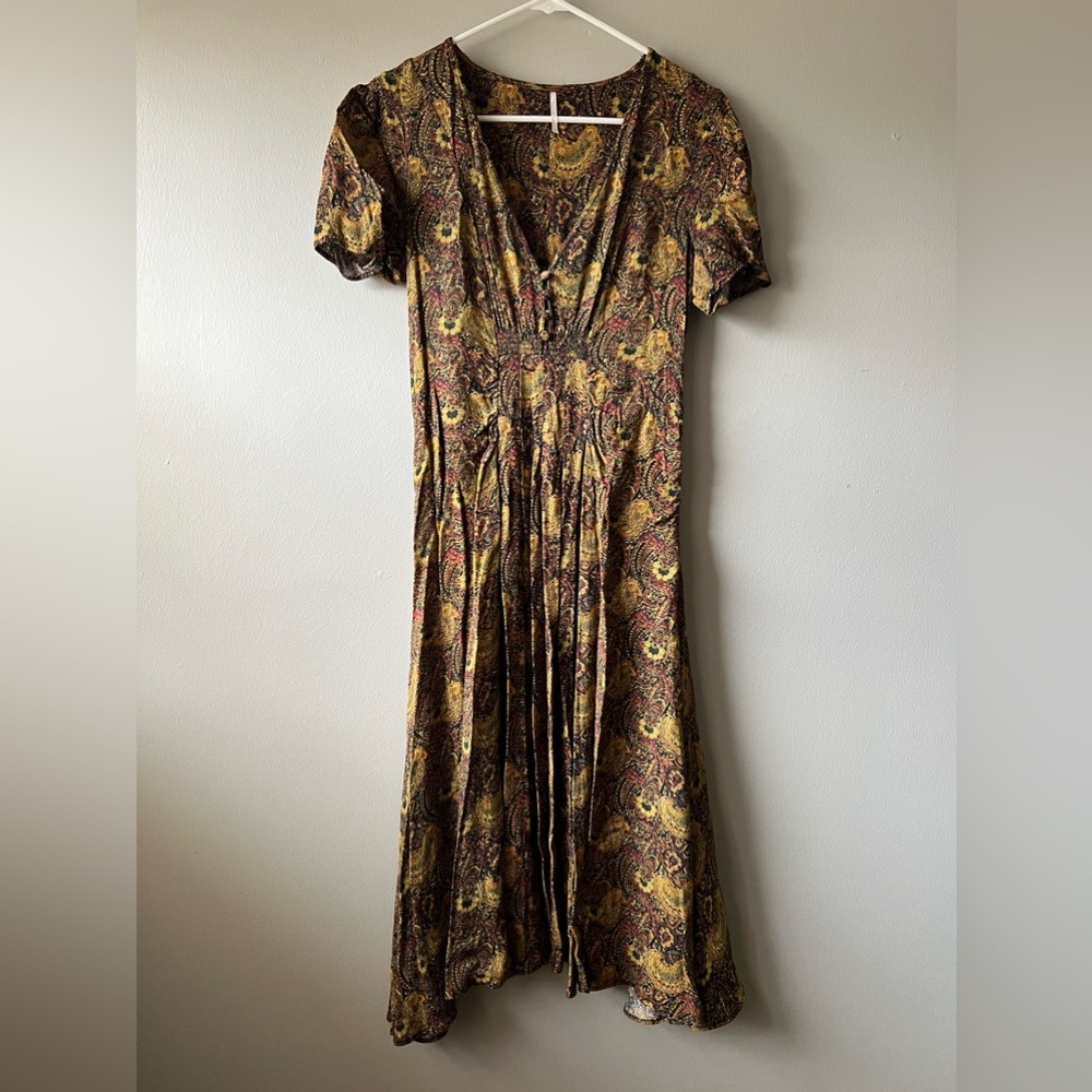 Free People Olivia Midi Paisley Print Fit-Flare Dress Side Zip Size 6